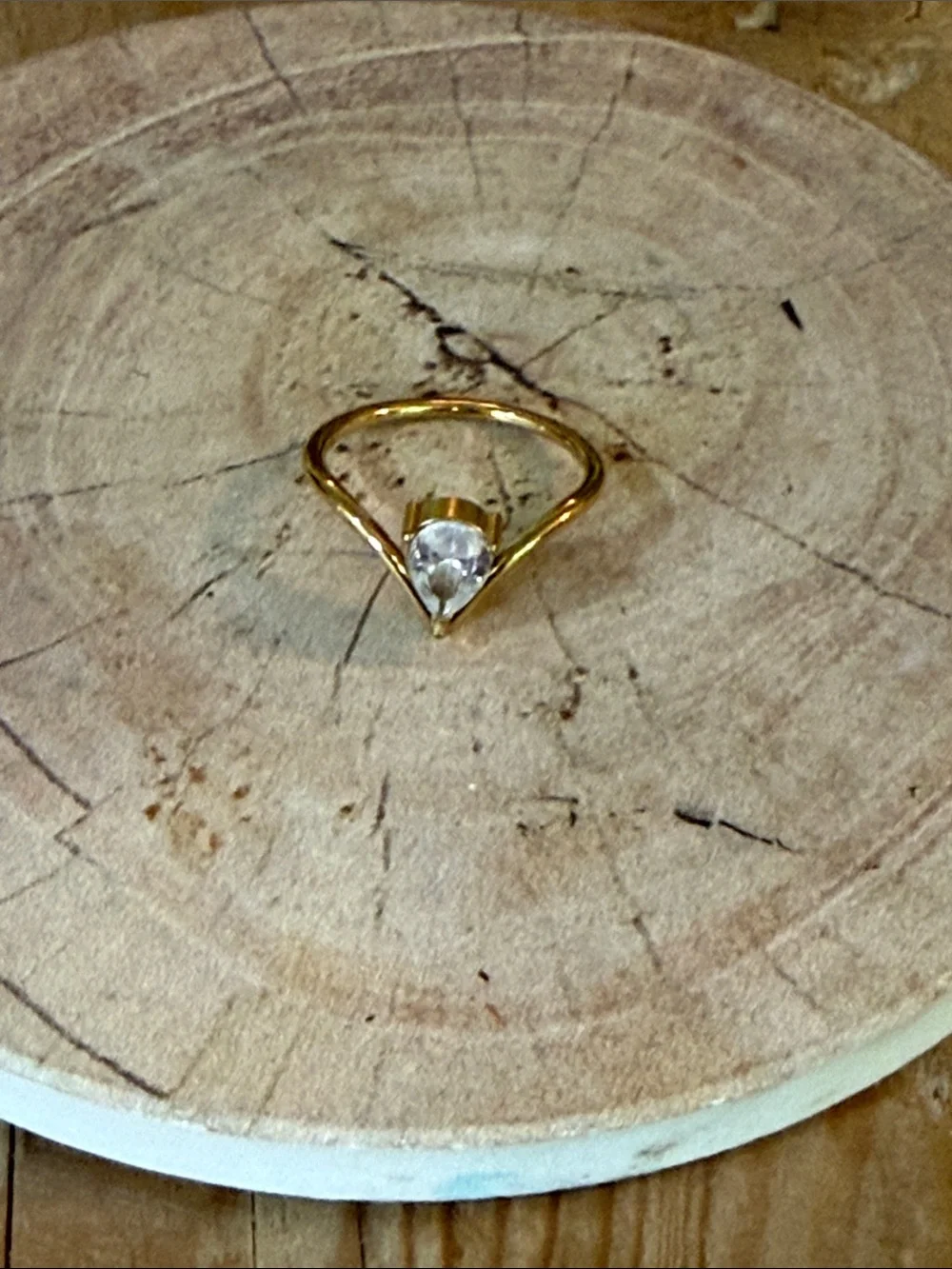 Gold Teardrop Crystal V-Shape Ring for Women